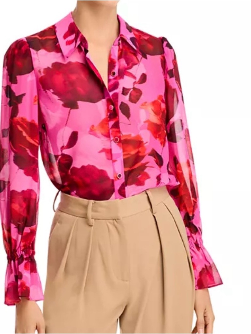Milly Pink Floral Semi Sheer Luxury Slouchy Preppy Office Puff Sleeve Blouse L